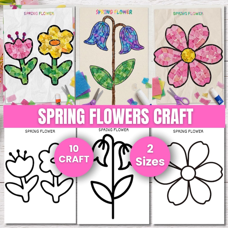 Spring Outlings Spring Flowers Tissue Paper Craft Template, Kids Spring Art Activity ...