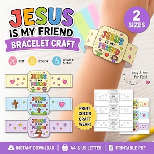 May include: A printable paper bracelet craft kit featuring the text Jesus Is My Friend. The set includes colorful designs with hearts, stars, and figures, plus black and white outlines for coloring. It is available in two sizes as a digital PDF.