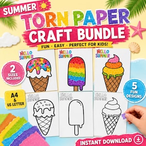 May include: A digital craft bundle titled Summer Torn Paper Craft Bundle featuring five ice cream and popsicle designs. Includes two sizes, A4 and US Letter, with colorful examples and black and white outlines for creative projects and instant download.