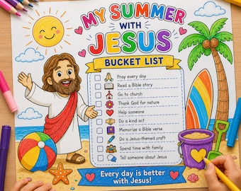 My Summer with Jesus Bucket List Coloring Page, Christian Summer Activity for Kids, Sunday School Printable, VBS Activity, Summer Checklist