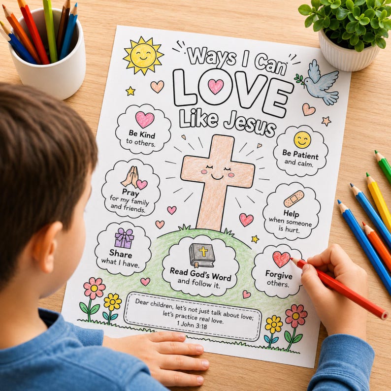 May include: A coloring page titled Ways I Can LOVE Like Jesus featuring a central cross, a sun, a dove, and various clouds with text prompts like Be Kind, Pray, Share, Be Patient, Help, and Forgive, with colorful flowers at the bottom.