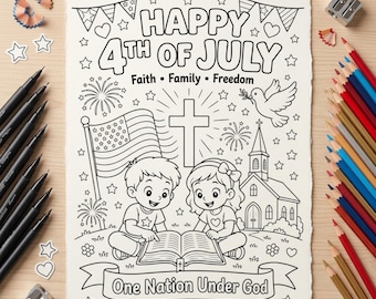 4 juli christelijke kleurplaat, patriottische bijbelactiviteit voor kinderen, afdrukbare onafhankelijkheidsdag, pdf Faith Family Freedom