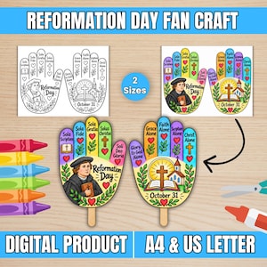 May include: A Reformation Day fan craft digital product featuring two hand-shaped designs with religious illustrations and text including Sola Scriptura, Sola Fide, Sola Gratia, Solus Christus, and Soli Deo Gloria. Includes A4 and US Letter size options.