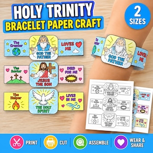 May include: A Holy Trinity bracelet paper craft kit featuring three colorful designs: God the Father, Jesus the Son, and the Holy Spirit. The set includes printable templates with illustrations of religious figures, symbols, and text, plus a wearable bracelet example.