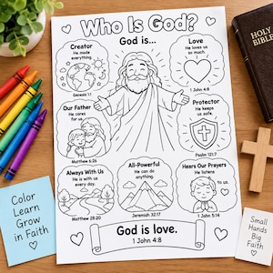 Könnte beinhalten: Ein weißes Ausmalblatt mit dem Titel Who Is God? mit schwarzen Strichzeichnungen religiöser Konzepte, darunter eine zentrale Figur, Herzen, ein Schild und Berge, sowie Textverweisen auf Bibelverse und Buntstiften daneben.