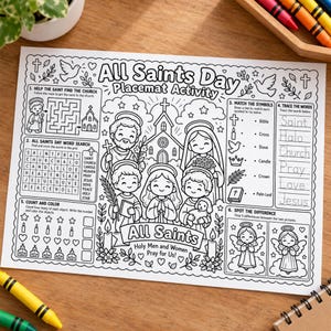 May include: A black and white All Saints Day placemat activity sheet featuring a central illustration of saints, a church, and doves. The page includes six interactive sections: a maze, word search, symbol matching, word tracing, counting, and spot the difference.
