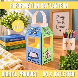 May include: A paper lantern featuring blue and green panels with the text Scripture Alone, Faith Alone, Sola Scriptura, and Sola Fide, along with illustrations of an open book and a shield with a cross, illuminated by a small internal light.