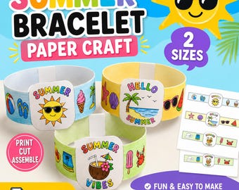 Zomerarmband Paper Craft voor kinderen | Afdrukbare zomerpolsbandactiviteit | DIY kleurplaten | A4 en US Letter, pdf| Kleuterschool