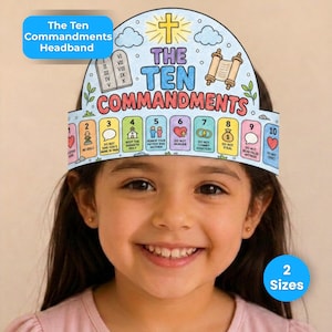 Peut inclure: Un bandeau en papier intitulé The Ten Commandments avec une croix jaune, des nuages, une tablette de pierre et un parchemin. Le bandeau présente dix sections numérotées colorées, chacune avec une icône et un texte unique.