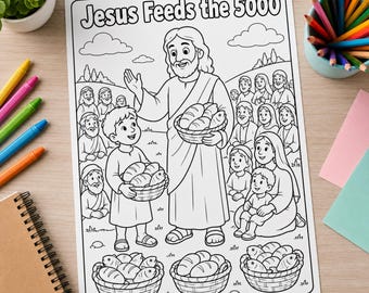 Jesus Feeds the 5000 Coloring Page, Bible Story Printable, Sunday School Activity, Christian Kids Worksheet, Homeschool Instant Download