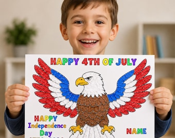 Utskrivbart pyssel med pappersrivet 4 juli, pysselaktivitet med patriotisk örn, pyssel för barn med USA:s självständighetsdag, röd vit blå konst,