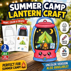 May include: A printable Summer Camp Lantern Craft activity featuring a paper lantern template with a cute face, a camping scene with a tent, campfire, and moon, plus additional cut-out icons. Includes text labels for easy print and colour options.