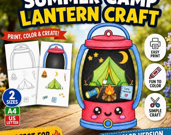 Lanterna da campeggio estivo per bambini, modello da colorare, ritagliare e incollare per il campeggio, attività in classe, formato A4 US Letter