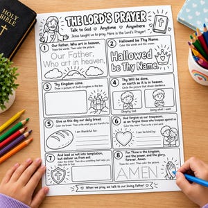 May include: A black and white printable activity sheet titled The Lord's Prayer, featuring eight numbered sections with illustrations of Jesus, a crown, a castle, a loaf of bread, a heart, a shield, and praying hands for coloring and tracing.