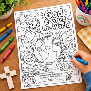 May include: A black and white colouring page featuring a central illustration of a figure with a globe, surrounded by animals including an elephant, lion, giraffe, and turtle. The text reads God Created the World and In the beginning God created the heavens and the earth. Genesis 1:1.