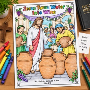 以下が含まれることがあります： Jesus Turns Water Into Wineというタイトルの塗り絵で、白いローブと赤いサッシュを身に着けた中心人物が、人々や大きな土の壺に囲まれています。テキストにはHis disciples believed in him. John 2:11と書かれており、カラフルなブドウの房が描かれています。