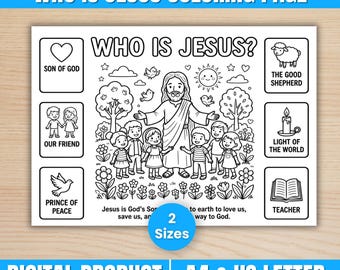 Kleurplaat Wie is Jezus, kleurplaat christelijke bijbel, zondagsschoolactiviteit, religieuze afdrukbare kinderen, Jezus houdt van kinderen,