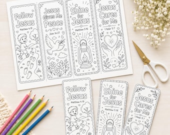May include: A set of printable paper bookmarks featuring black and white line art designs with religious text and illustrations including a child, a dove, a lantern, and a heart, accompanied by colored pencils and a pair of white scissors.