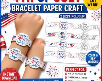 4 juli armband ambacht afdrukbaar, Independence Day papieren armband activiteit, patriottische kinderambacht, Fourth of July kleurwerkblad,