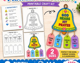 Kit imprimible para manualidades de campanas de oración para niños, actividad cristiana para la escuela dominical, manualidad Dios escucha mi oración, manualidad bíblica religiosa,