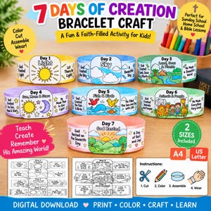 Puede incluir: Un kit de manualidades de pulseras de los 7 días de la Creación que incluye siete pulseras de papel coloridas que representan cada día, con texto e ilustraciones impresas, además de hojas de instrucciones para recortar, colorear y armar.