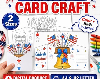 4 juli kaart Craft afdrukbaar, Independence Day kleurkaart, patriottische kinderactiviteit, digitale download van A4- en Amerikaanse brief