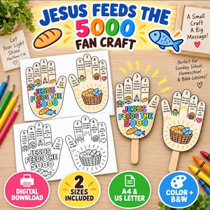 May include: A printable craft kit featuring hand-shaped templates with the text Jesus Feeds The 5000. The set includes coloured and black-and-white versions with numbered steps, illustrations of bread and fish, and wooden sticks for assembly.