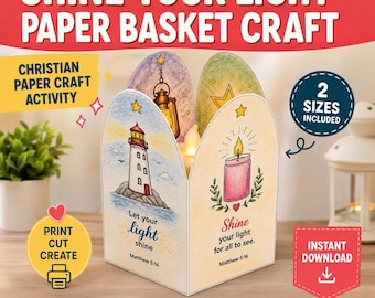 Shine Your Light Paper Basket Craft for Kids, Christian Lantern Craft Printable, Bible Activity for Sunday School, VBS Craft Kit,
