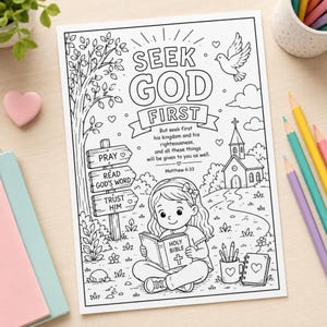 May include: A black and white colouring page featuring a child reading a book labelled Holy Bible. The text reads SEEK GOD FIRST, But seek first his kingdom and his righteousness, and all these things will be given to you as well. Matthew 6:33.