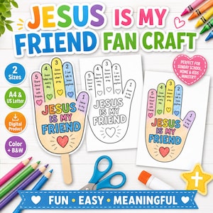 Puede incluir: Un kit de manualidades imprimible con plantillas en forma de mano con el texto Jesus Is My Friend. El diseño incluye dedos numerados con mensajes religiosos, un icono de corazón y opciones en color o en blanco y negro.