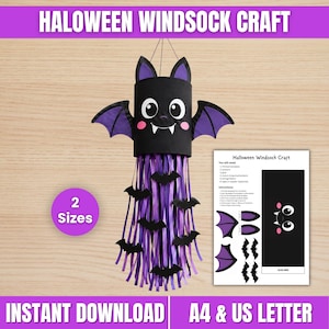 May include: A Halloween bat windsock craft kit featuring a black cylindrical body with purple ears, wings, and hanging streamers adorned with small black bat cutouts. Includes a printed instruction sheet for assembly in A4 and US Letter sizes.