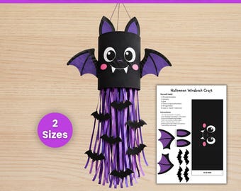 Pode incluir: Um kit de artesanato de biruta de morcego de Halloween com um corpo cilíndrico preto, orelhas e asas roxas, e fitas penduradas decoradas com pequenos morcegos pretos. Inclui uma folha de instruções nos formatos A4 e US Letter.