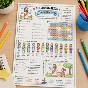 May include: A Following Jesus activity worksheet titled The 12 Disciples featuring a word search, matching exercises, and illustrations of Jesus and disciples. The page includes sections to trace names, count, and draw, with colorful text and graphics.