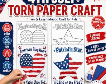 4 juli gescheurd papier ambacht voor kinderen, activiteit patriottische onafhankelijkheidsdag, afdrukbare ambachtelijke vlag VS, voorschoolse zomerambacht, 4 juli ambacht
