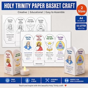 Könnte beinhalten: Bastelset für Papierkörbe der Heiligen Dreifaltigkeit. Das Set enthält druckbare Vorlagen zum Erstellen von Papierkörben mit Illustrationen von Gott dem Vater, dem Sohn und dem Heiligen Geist. Erhältlich in zwei Größen: A4 (21 x 29,7 cm) und US Letter (21,6 x 27,9 cm).