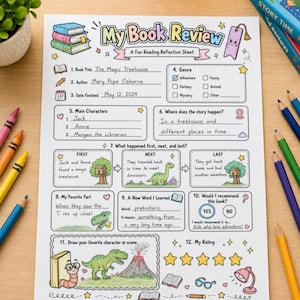 May include: A white paper book review worksheet titled My Book Review with sections for book title, author, date, genre, characters, setting, plot summary, favourite part, new words, and rating, featuring colourful illustrations of books and a dinosaur.