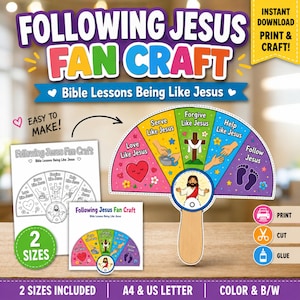 May include: A printable fan craft kit titled Following Jesus Fan Craft featuring Bible lessons. The kit includes a colourful, semi-circular fan with segments showing illustrations of a heart, washing hands, a cross, helping hands, and footprints.