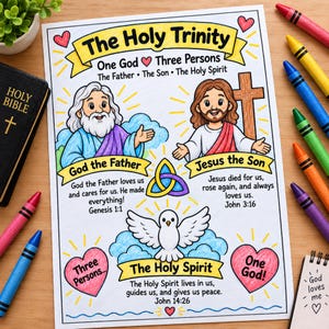 以下が含まれることがあります： The Holy Trinityと題された教育的な塗り絵ページ。父なる神、子なるイエス、聖霊としての白い鳩のイラストが描かれています。ページにはテキスト、ハート、トリケトラのシンボルが含まれ、周囲にはクレヨンが配置されています。
