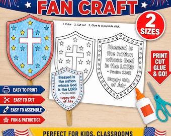 4 juli Fan Craft afdrukbaar, patriottische bijbelambacht voor kinderen, Blessed Is the Nation kleuractiviteit, zondagsschoolambacht,