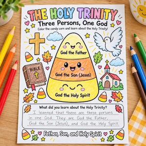 May include: A coloring page titled The Holy Trinity featuring a large candy corn character divided into three sections labeled God the Father, God the Son, and God the Holy Spirit, surrounded by a cross, a Bible, a dove, and a church.