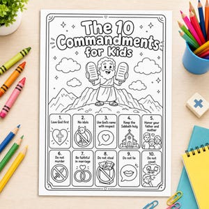 May include: A black and white coloring page titled The 10 Commandments for Kids featuring a central figure holding stone tablets, mountains, and ten numbered boxes with illustrations and text representing each commandment, surrounded by colored pencils.