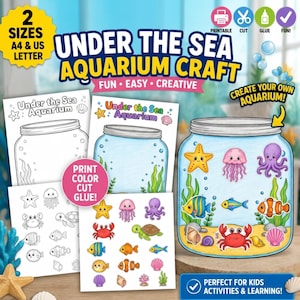 May include: An Under the Sea Aquarium craft kit featuring printable pages with black and white outlines and colored illustrations of sea creatures like starfish, jellyfish, octopuses, and fish to cut, glue, and create a jar-shaped aquarium.