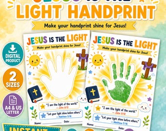 Jesus är ljuset handavtryckspyssel, bibelvers barnaktivitet, utskrivbart söndagsskola, VBS kristet pyssel, A4 & amerikansk bokstav