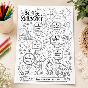 Målarbild för vägen till frälsning, Romarbrevets väg, bibelaktivitet för barn, söndagsskolearbetsblad, utskrivbart kristet evangelium, direktnedladdning