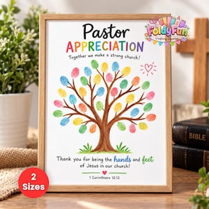 May include: A framed Pastor Appreciation print featuring a brown tree illustration with colorful fingerprint leaves. The text reads: Pastor APPRECIATION Together we make a strong church! Thank you for being the hands and feet of Jesus in our church! 1 Corinthians 12:12.