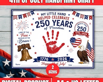 4 juli handafdruk ambacht, Independence Day Kids Activity, 250 Years of Freedom Craft, patriottische voorschoolse activiteit, 4 juli aandenken