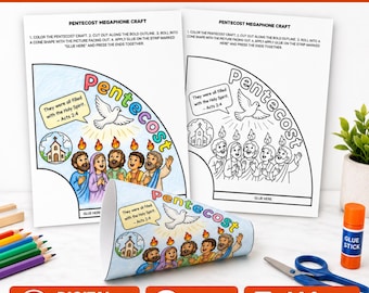 Pinksteren megafoon ambacht, handelingen 2 Heilige Geest duif Bijbelverhaal activiteit, zondagsschool afdrukbaar, kleurplaat kinderkerk, VBS