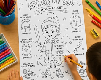 Armor of God kleurplaat afdrukbaar, bijbel kleurplaat voor kinderen, christelijke zondagsschoolactiviteit, afdrukbare Efeziërs 6, VBS Craft,