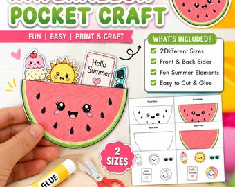 Utskrivbart vattenmelonpyssel, sommarpyssel för barn, klipp- och limaktivitet med frukt, förskola, A4 US Letter