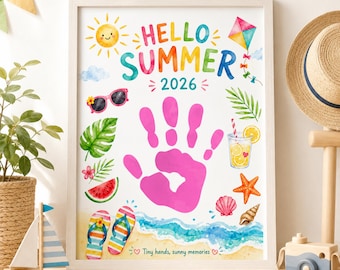 Hallo zomer 2026 handafdruk ambacht, zomer handafdruk kunst afdrukbare, kinder zomeractiviteit, voorschoolse ambachtelijke sjabloon, zomer aandenken,